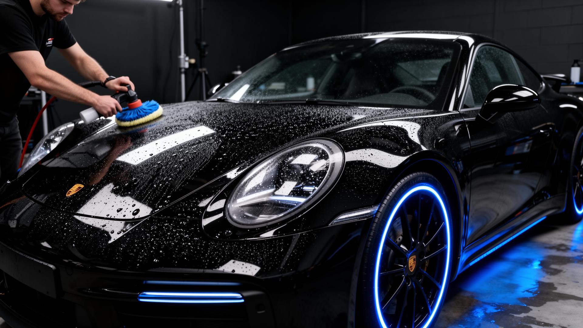 Luxury black car being detailed